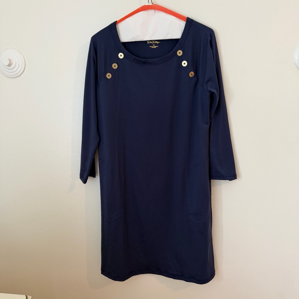 Lilly Pulitzer Navy Long-Sleeve Shift Dress with Button Detail